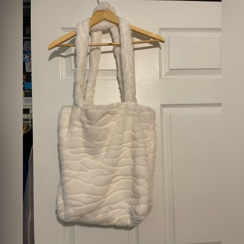 Faux fur tote bags black and white satin